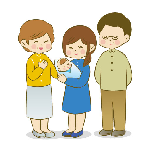 赤ちゃんを抱くママとその両親